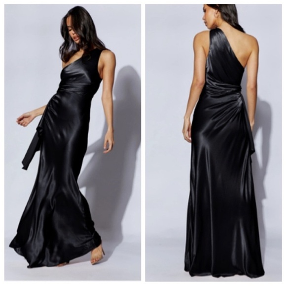 Meshki Calliope black satin one shoulder maxi dress - Picture 1 of 15